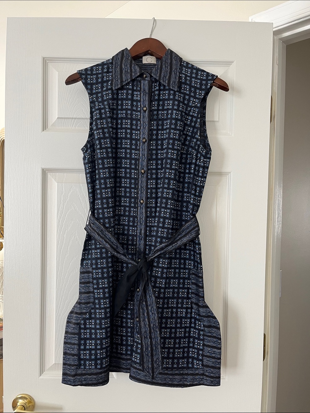 Sleeveless Navy Patterned Tie-Waist Mini Dress